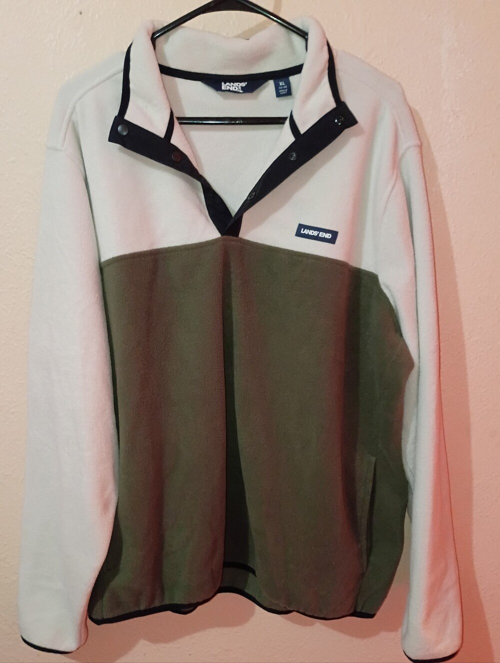 Mens Lands' End Size XL Two-Tone Snap Fleece Pullover - Cream & Olive